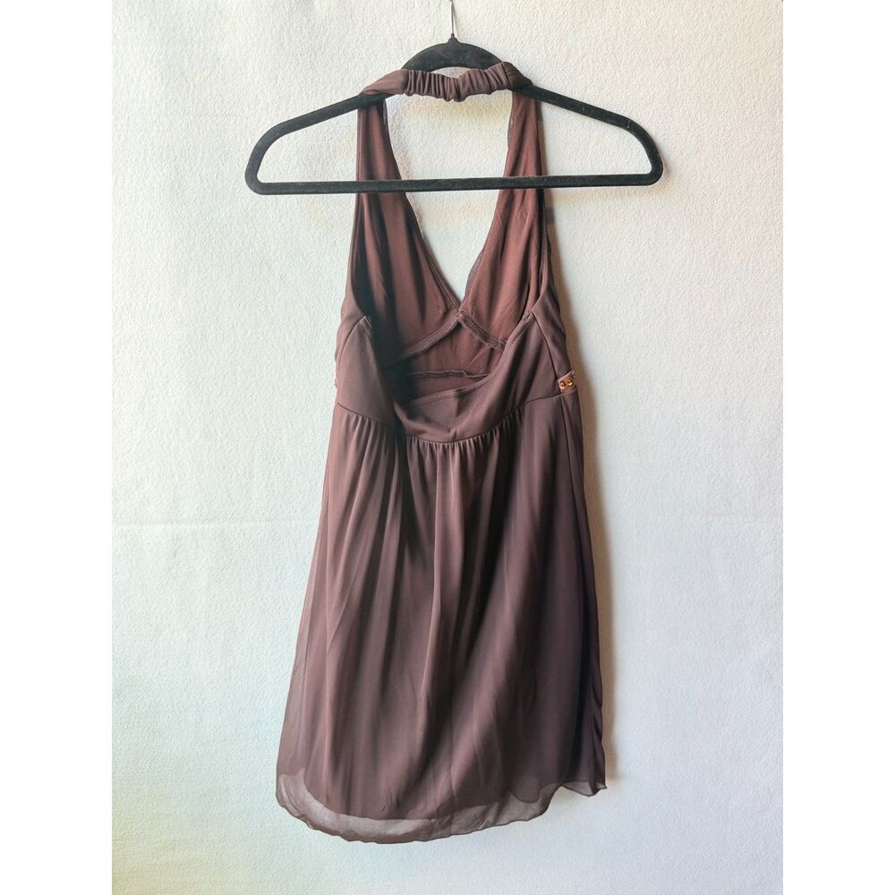 Y2K Flowy Babydoll Brown Sequin Halter Mini Dress 2000s Going Out Club Dress - Picture 3 of 4